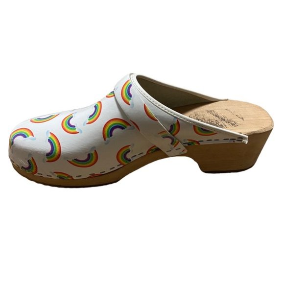 Cape Women's Sweden Alder Wood White Rainbow Print Clogs - Picture 4 of 6